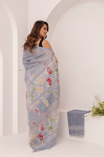 Noor Grey Linen Saree