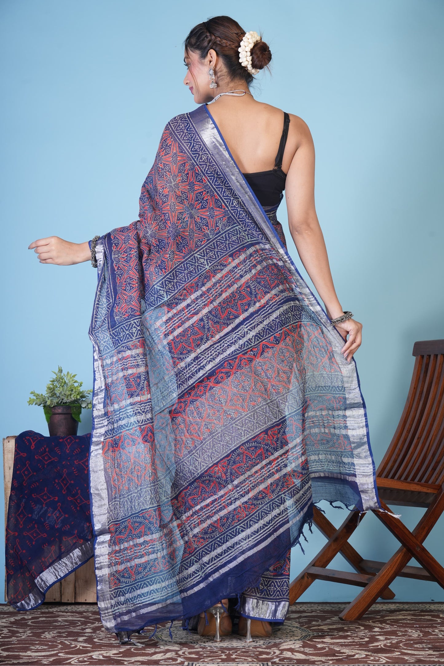 NeelRang Crimson Weave Linen Saree