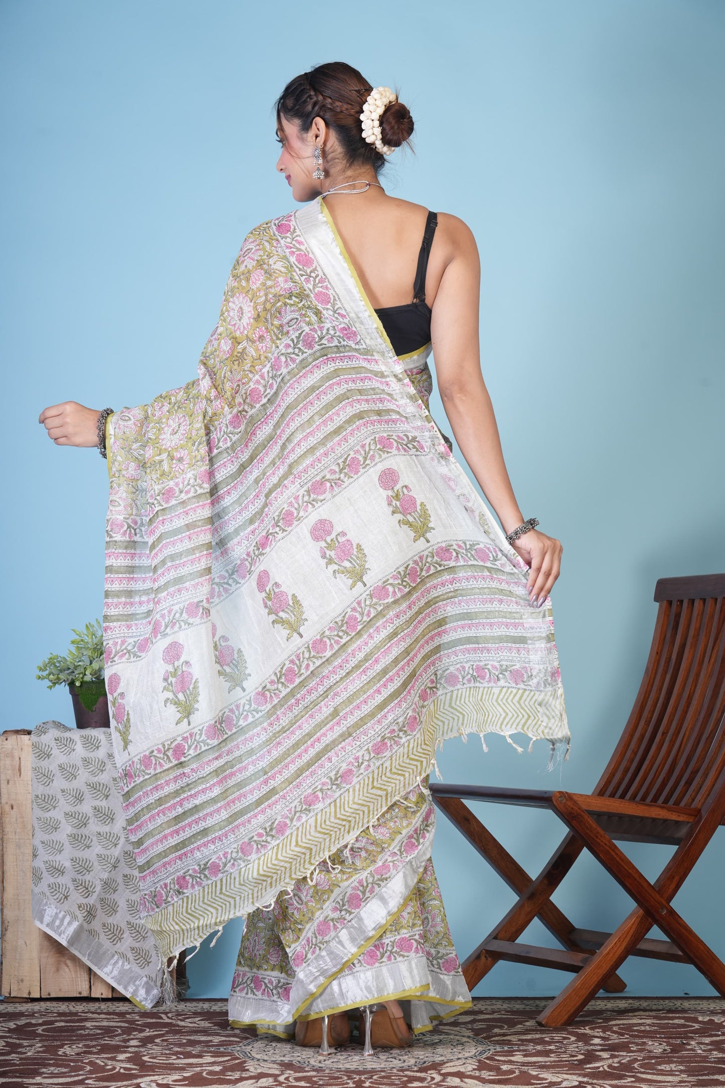 Vasanta Olive Bloom Linen Saree