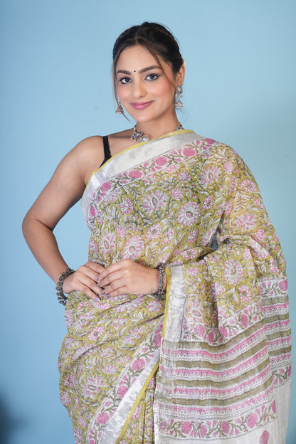 Vasanta Olive Bloom Linen Saree