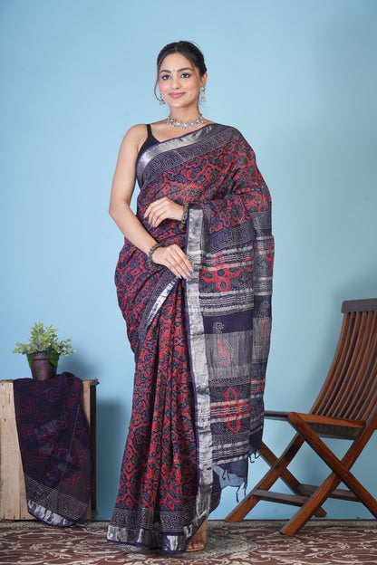 Nishka Midnight Linen Saree