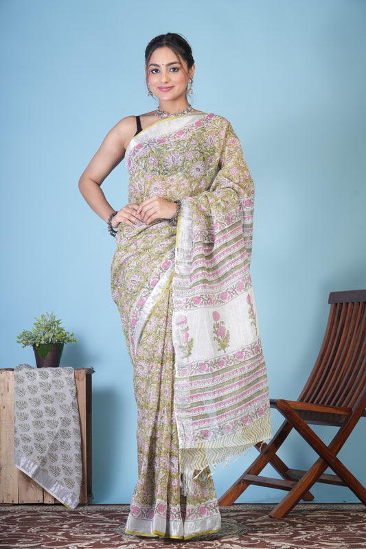 Vasanta Olive Bloom Linen Saree