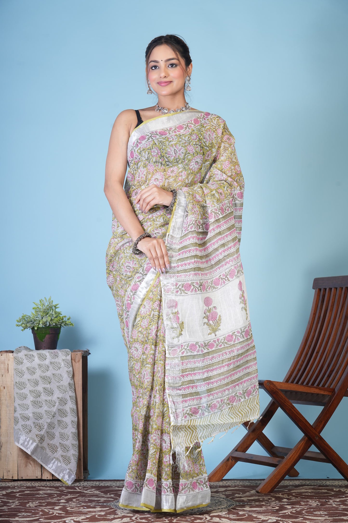 Vasanta Olive Bloom Linen Saree