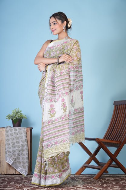 Vasanta Olive Bloom Linen Saree
