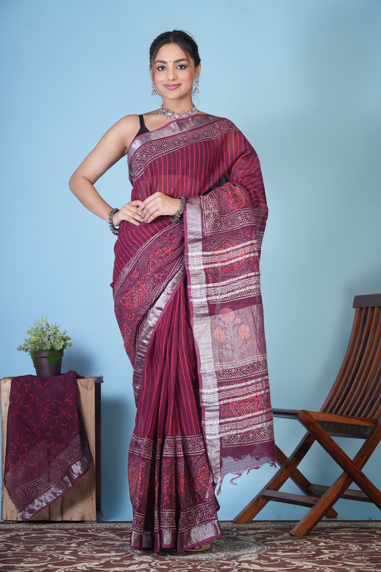 Raagini Wine Stripe Linen Saree