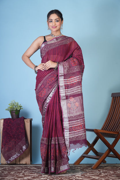 Raagini Wine Stripe Linen Saree