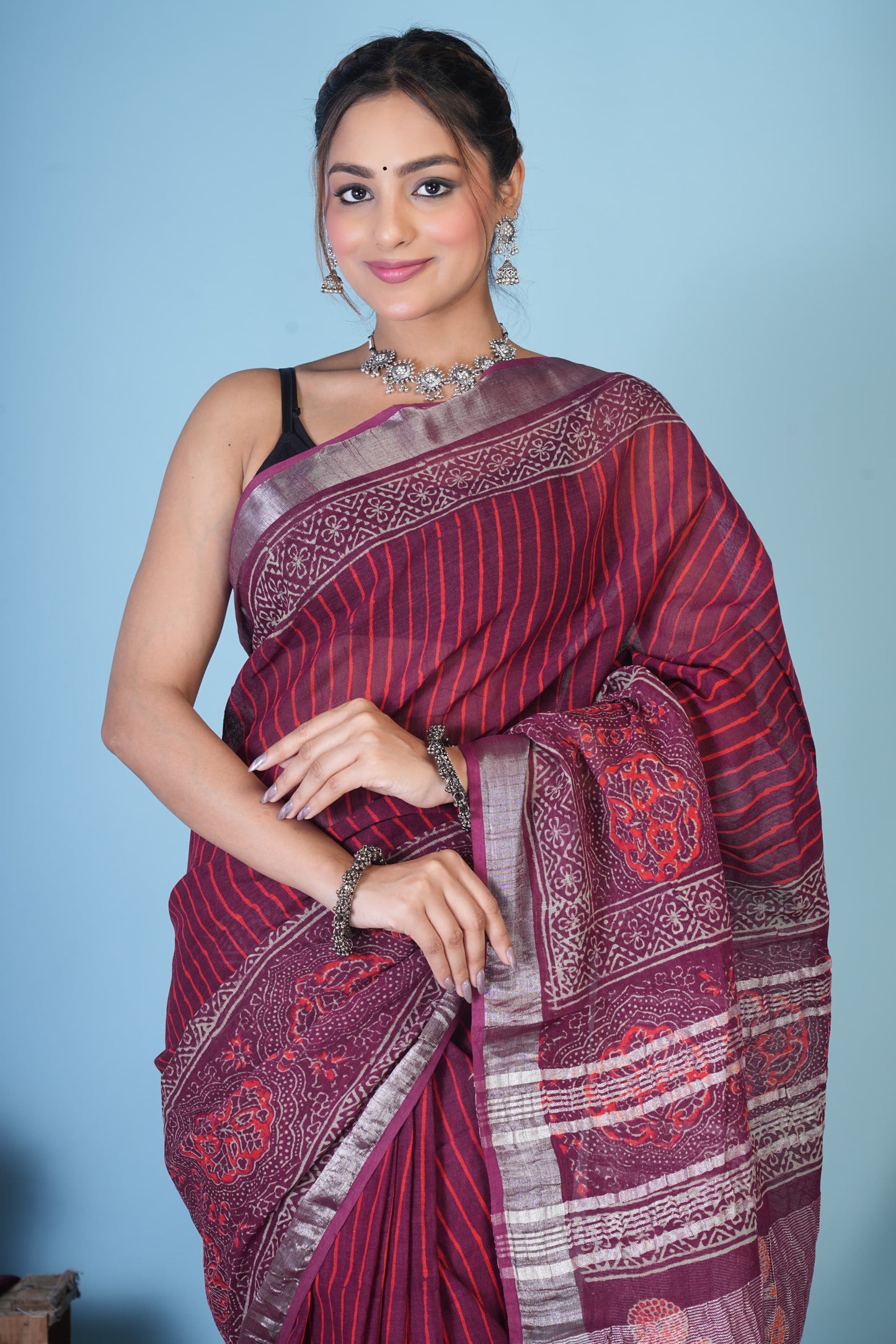 Raagini Wine Stripe Linen Saree