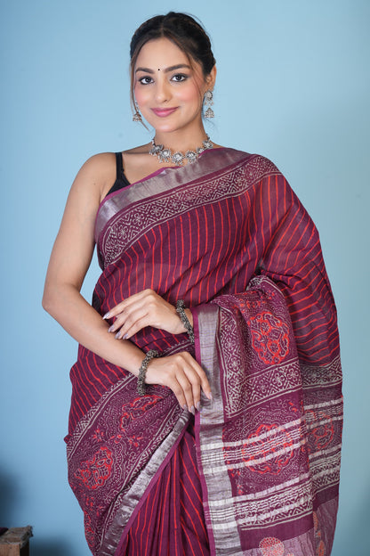 Raagini Wine Stripe Linen Saree