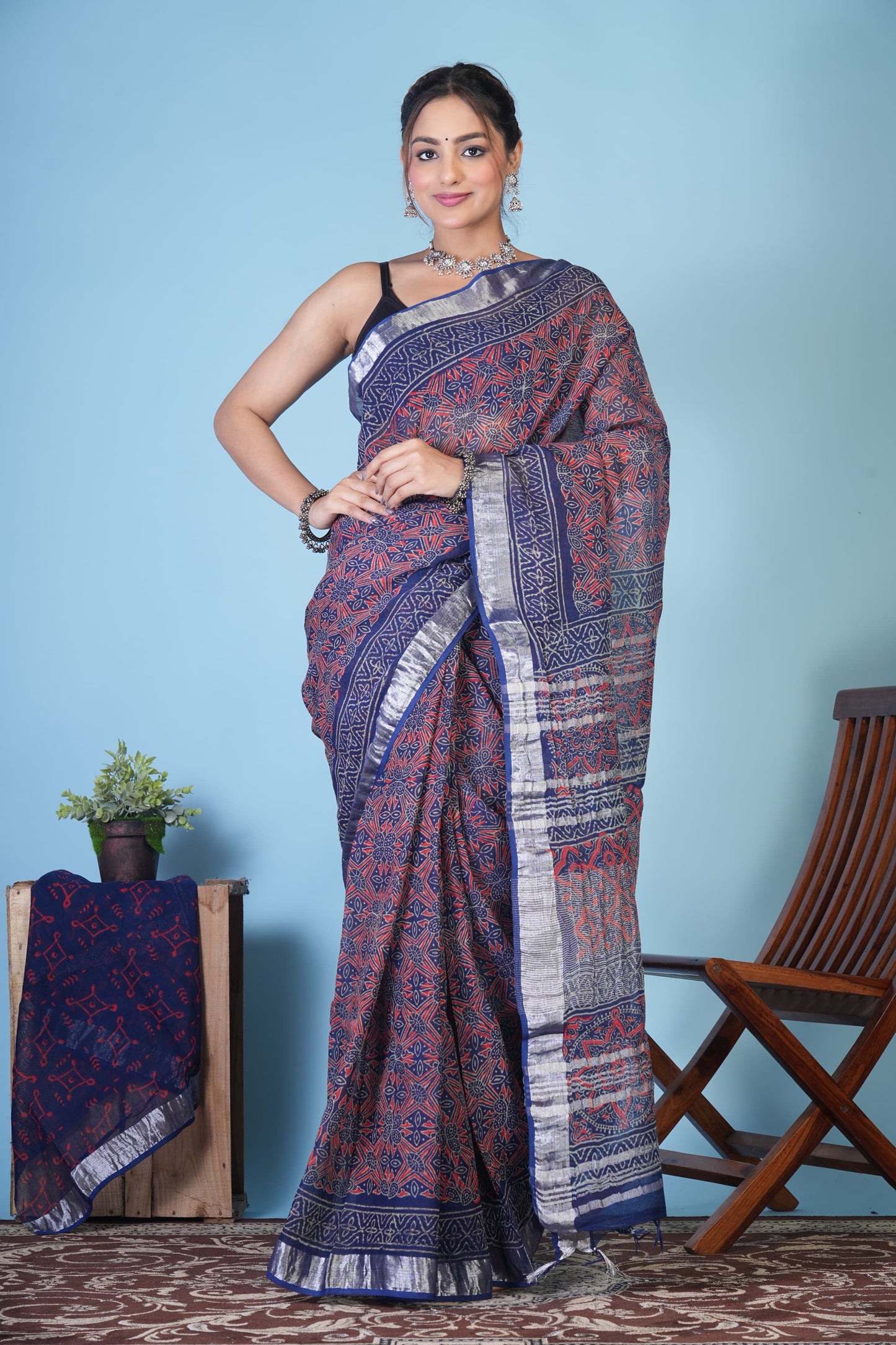 NeelRang Crimson Weave Linen Saree