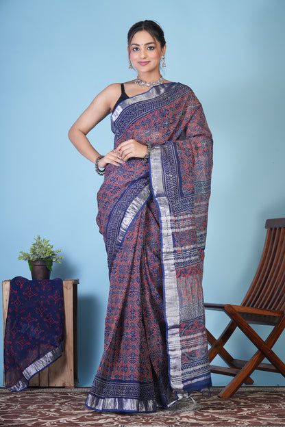 NeelRang Crimson Weave Linen Saree