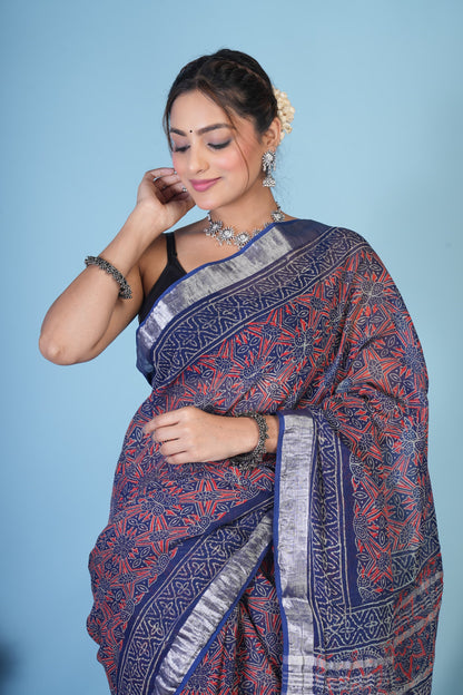 NeelRang Crimson Weave Linen Saree
