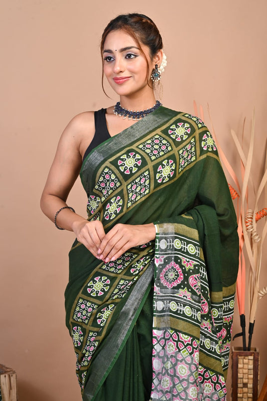 Vanika Forest Linen Saree