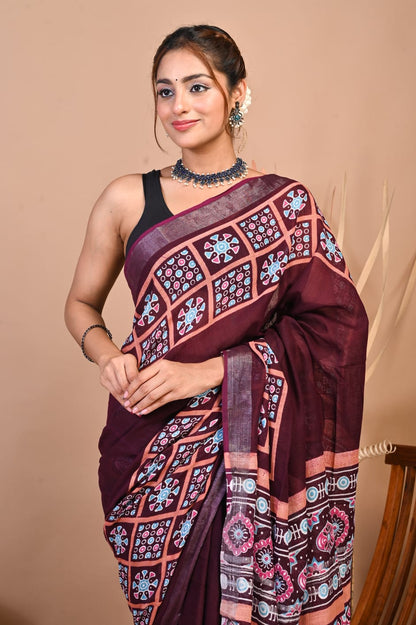 Raktima Wine Linen Saree