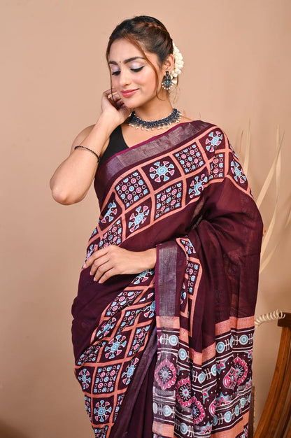 Raktima Wine Linen Saree