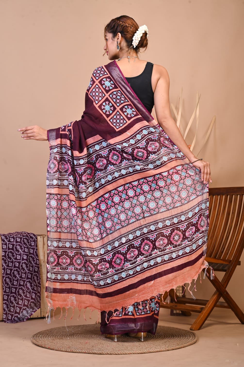 Raktima Wine Linen Saree