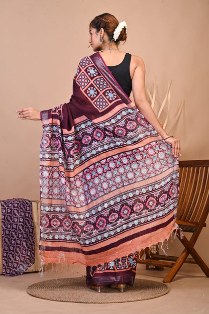 Raktima Wine Linen Saree