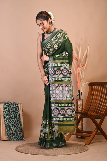Vanika Forest Linen Saree