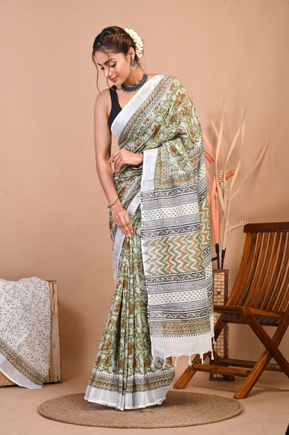 Vrinda Olive Bloom Linen Saree