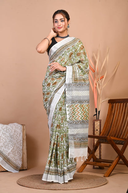 Vrinda Olive Bloom Linen Saree