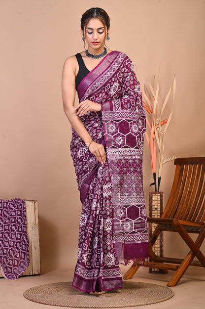 Saanjh Wine Linen Saree