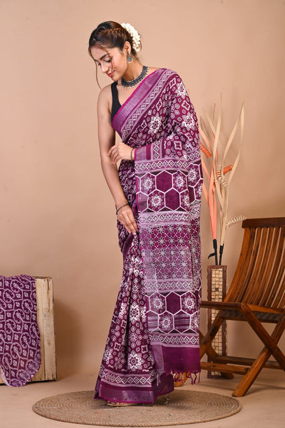 Saanjh Wine Linen Saree