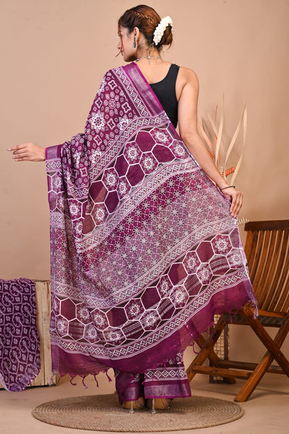 Saanjh Wine Linen Saree