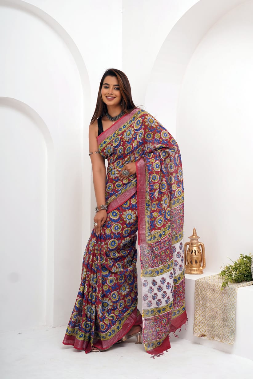 RangRiwaaz Floral Linen Saree