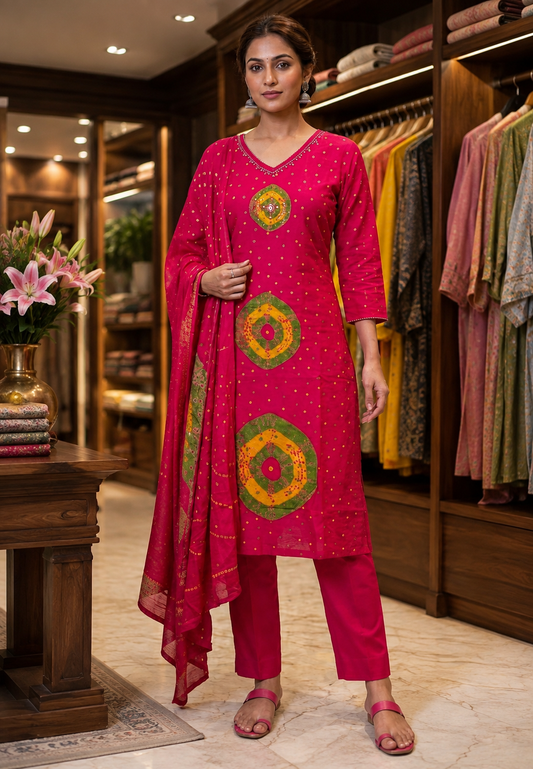 Rani Pink Printed Kurta Pant Set with Dupatta