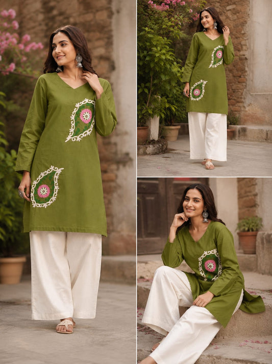 Olive Green Floral Embroidered Kurta Set