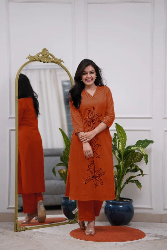 Rust Orange Floral Embroidered Kurta Pant Set