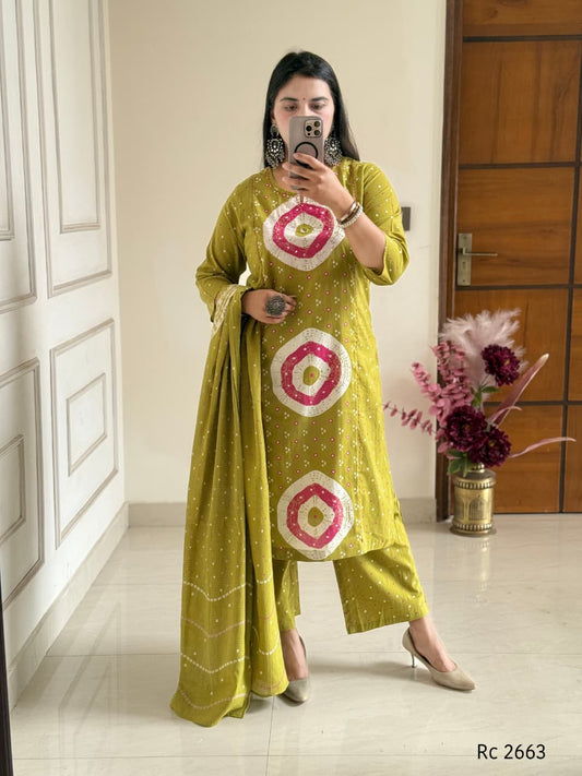 Olive Green Printed Kurta Palazzo Set with Dupatta