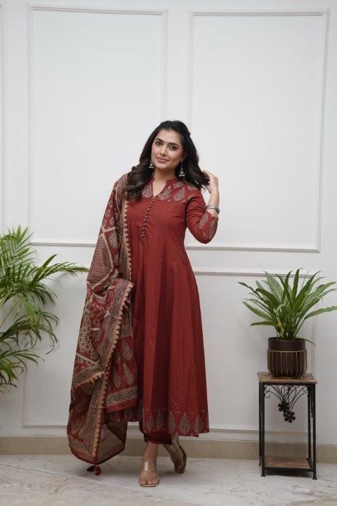 Maroon Elegance Printed Anarkali Suit with Dupatta