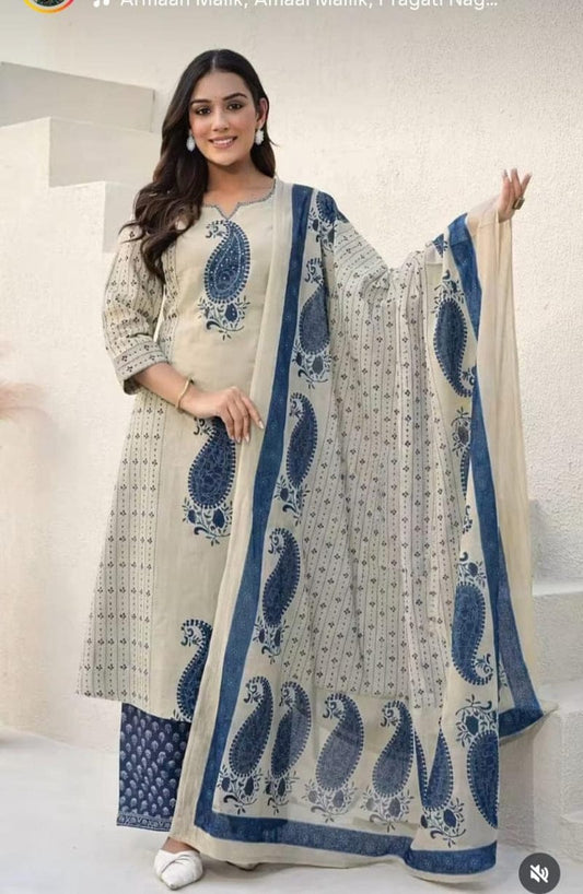 Ivory & Navy Blue Paisley Printed 3-Piece Suit Set