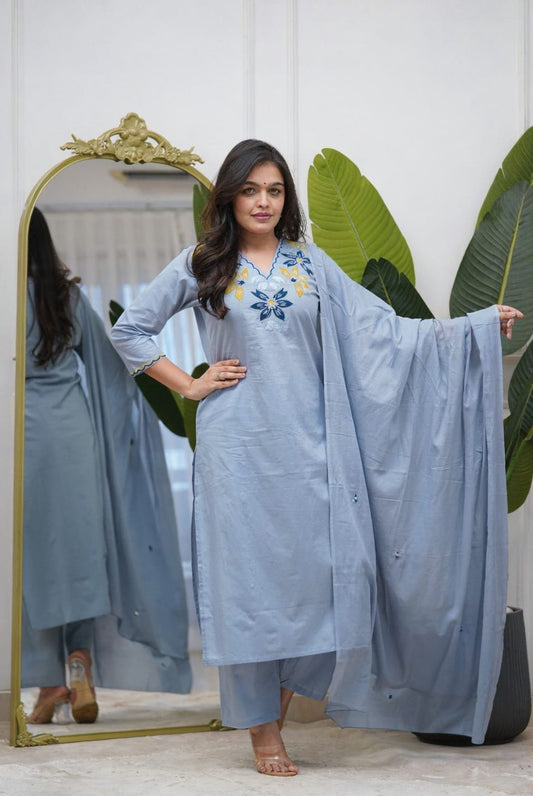 Powder Blue Floral Embroidered 3-Piece Suit