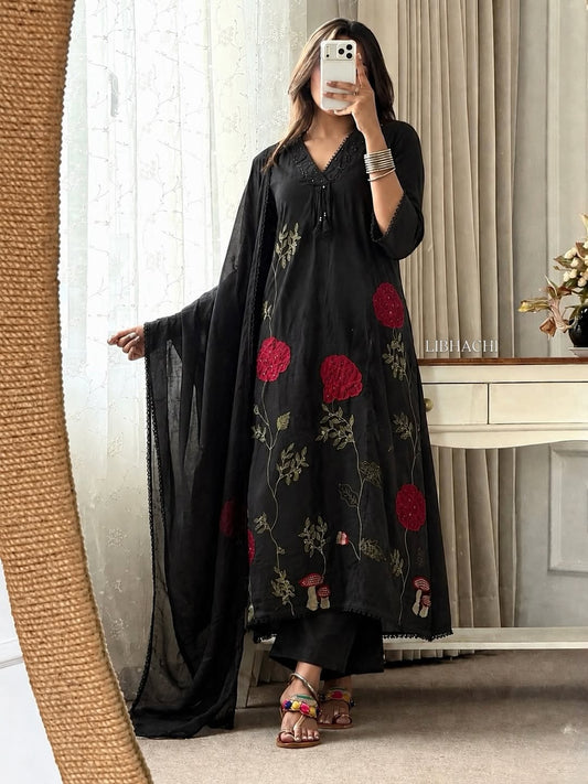 Black Floral Embroidered Anarkali Suit Set