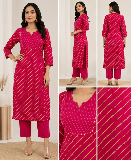 Rani Pink Golden Stripe Kurta Set