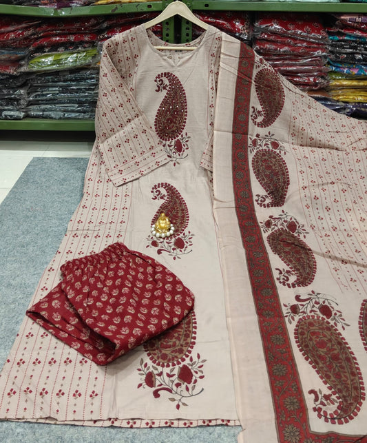 Ivory & Maroon Paisley Printed 3-Piece Suit Set