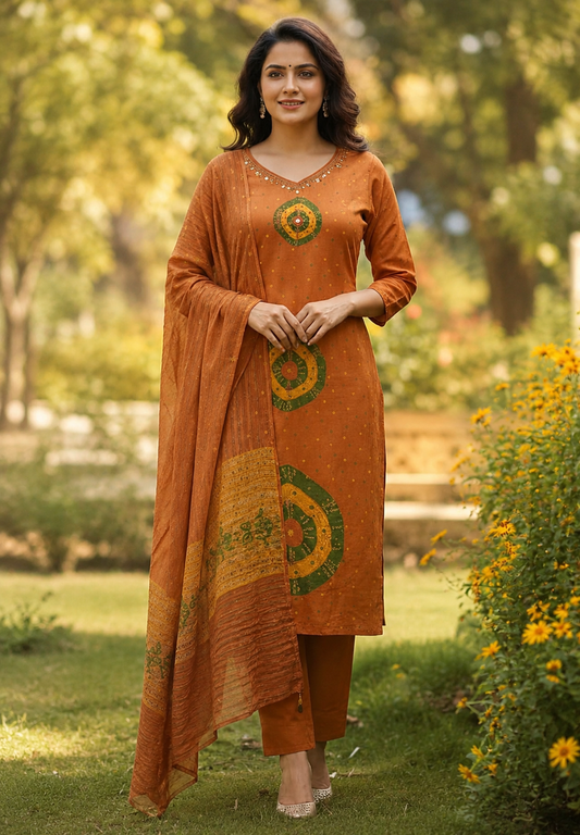Rust Orange Printed Kurta Pant Set with Dupatta