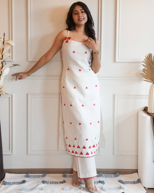 Ivory White Heart Print Kurta Pant Set