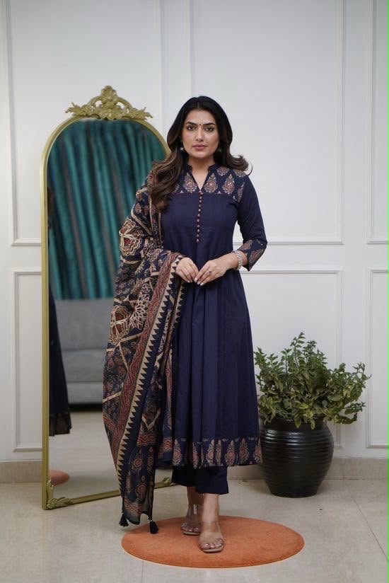 Navy Blue Printed Anarkali Suit with Ethnic Dupatta