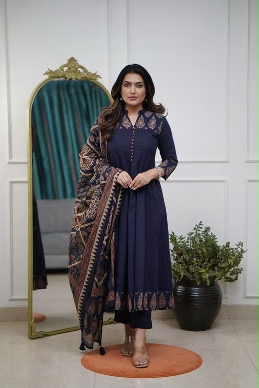 Navy Blue Printed Anarkali Suit with Ethnic Dupatta