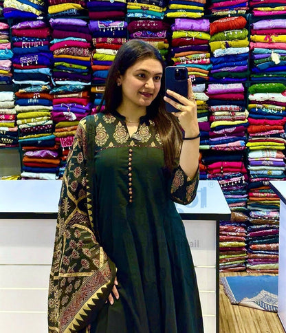 Emerald Green Ethnic Anarkali Suit with Printed Dupatta