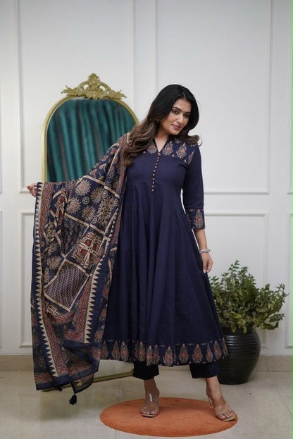 Navy Blue Printed Anarkali Suit with Ethnic Dupatta