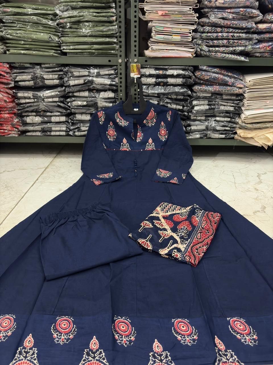 Navy Blue Printed Anarkali Suit with Ethnic Dupatta
