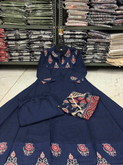 Navy Blue Printed Anarkali Suit with Ethnic Dupatta