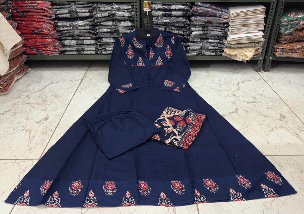 Navy Blue Printed Anarkali Suit with Ethnic Dupatta
