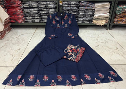 Navy Blue Printed Anarkali Suit with Ethnic Dupatta