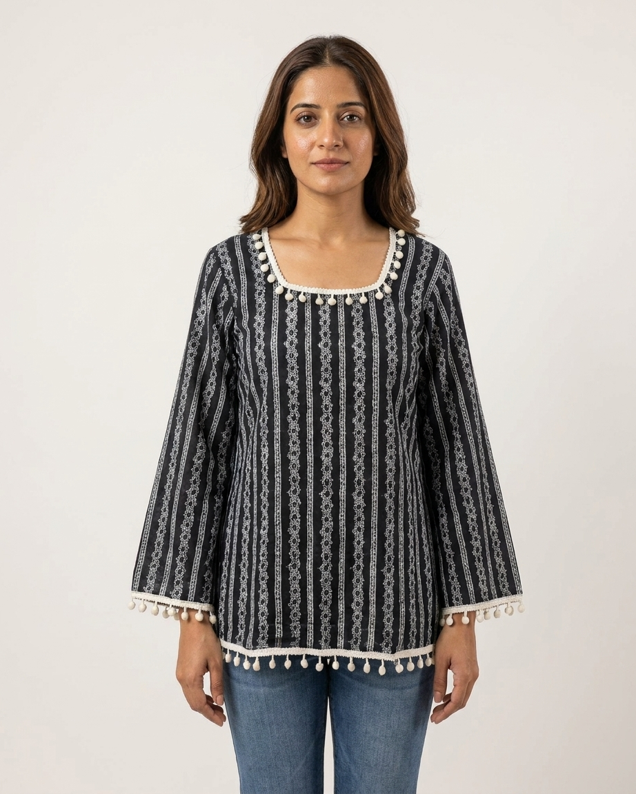 Indigo Geometric Stripe Tunic with Pom-Pom Trim
