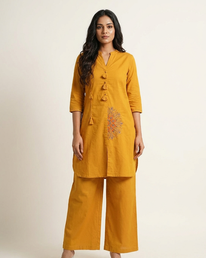 Elegant Front-Button Tassel Kurta with Mandala Embroidery