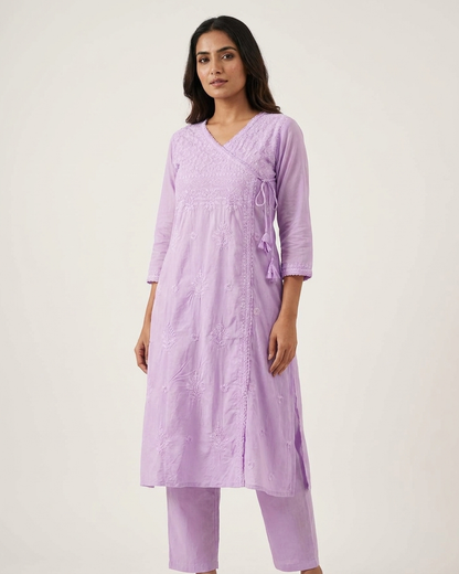 Soft Pastel Angrakha chikan kari Embroidered Kurta Set Lavender